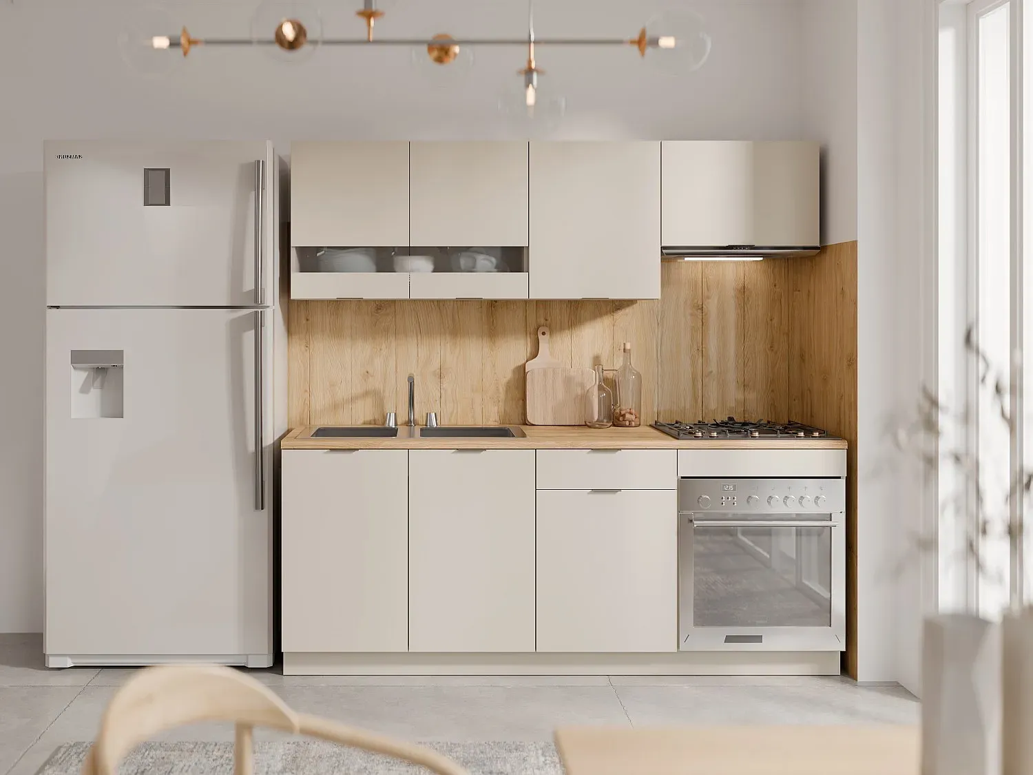 Küchenzeile - Mit Arbeitsplatte 200 cm - Beige & Holzfarben - CARMEO
