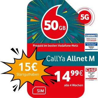 Vodafone Prepaid CallYa M | 50 GB | 15 EUR Startguthaben | ohne Vertrag | 5G-Netz | Telefon- SMS-Flat | EU-Roaming