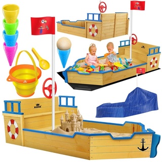 Kidiz KIDIZ® Sandkasten Ahoi Piratenschiff Boot Segelschiff aus Holz Inkl. Abdeckung, Bodenplane, Sitzbank, Flaggenmast, Sandspielzeug Große Kinder Sandkiste für den Garten Outdoor Sandbox