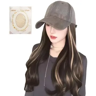 Dame Parrucca-Hut-Kombination (Lange Lockig), 50cm, Wig Cap, Mütze Mit Haaren, Wig Cap Für Perücken, Alle Jahreszeiten, Natürlich, Bequem, Stilvoll, Atmungsaktiv, Schlankernd, Ideal Als Geschenk