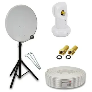 PremiumX Camping Satelliten-Komplettanlage 45cm Satelliten-Schüssel SAT Single LNB Ständer Dreibein-Stativ 10m Kabel 2x F-Stecker