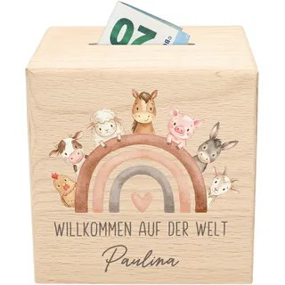 Geldgeschenk zur Geburt personalisiertes Geschenk Baby Spardose aus Holz Babygeschenk für Jungen & Mädchen Geburtsgeschenk (Bauernhof)