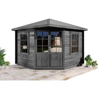Alpholz 5-Eck Gartenhaus Modell Monica Gartenhaus aus Holz in Grau, Holzhaus mit 28 mm Wandstärke, Blockbohlenhaus mit Montagematerial Imprägniert Grau