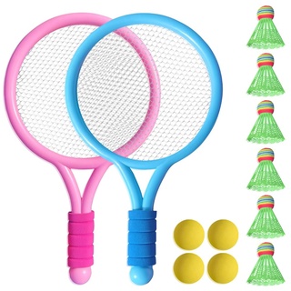 Aoreun Kinder Federballset Kids, Kinder Tennisschläger mit 4 Soft Trainingsbälle und 6 Badminton, Birdies Kinder Tennisschläger, Federball Set Kinder, Kinderspielzeug für Kinder Outdoor Indoor Sport