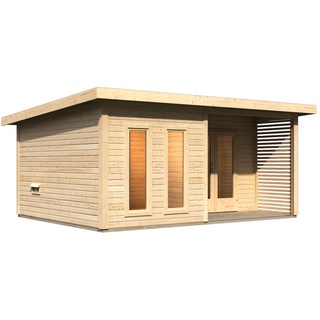 Karibu Saunahaus Mainburg 5 mit Vorraum - 38 mm naturbelassen Set C (Sauna B 1,34 x T 1,34 m mit 2 Liegen 57/52 cm) Ohne Ofen inkl. 8-teiligem gratis Zubehörpaket (Gesamtwert 191,92€)