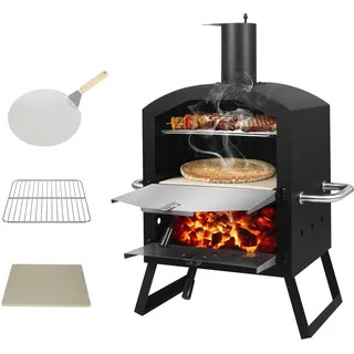 DMS DMS® Germany Pizzaofen – mobiler Outdoor Holzofen Räucherofen - Pizzastein & Grillrost – Garten, Terrasse & Balkon – knusprige Steinofenpizza & Brot - Schwarz