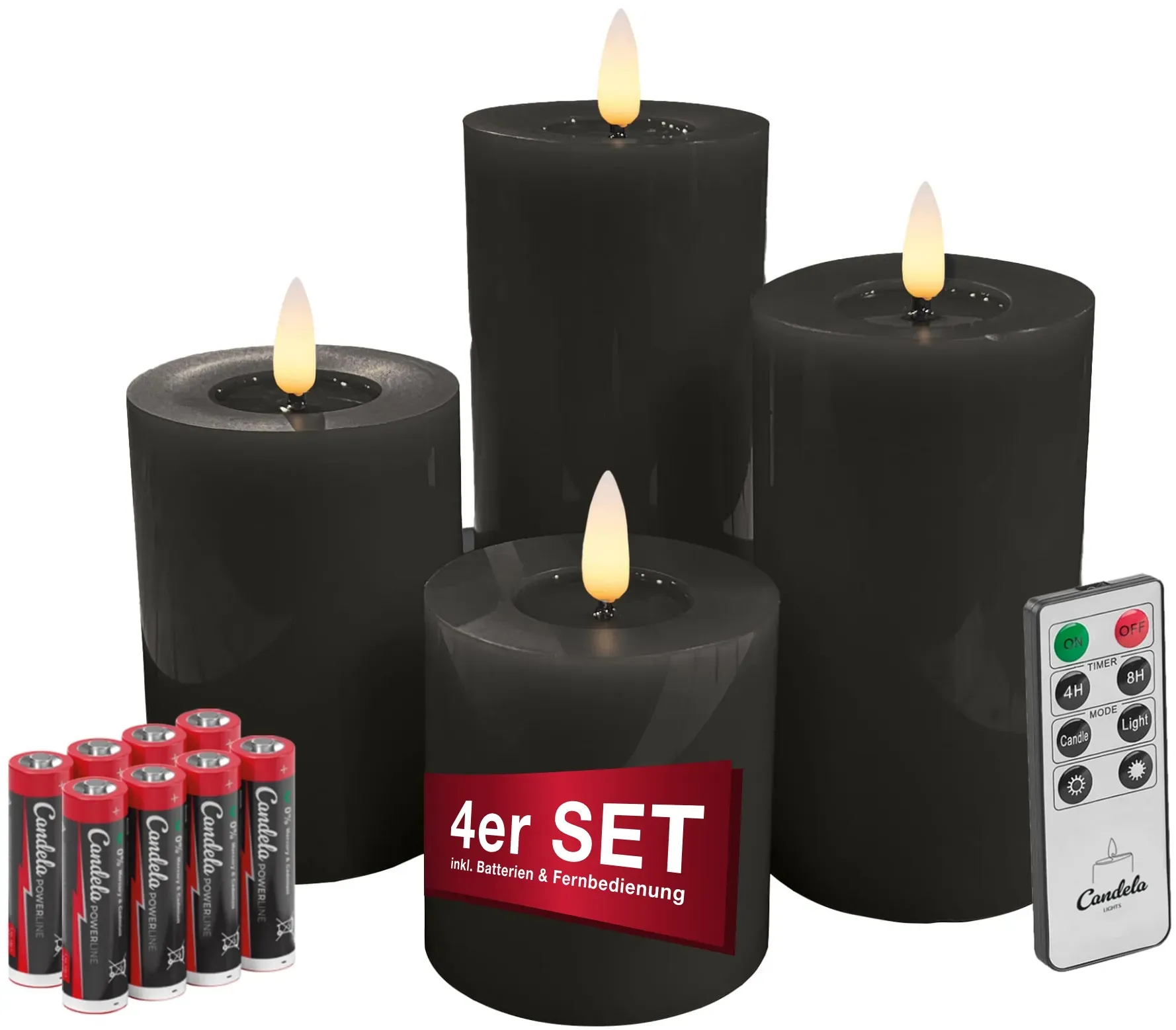 Candela Lights LED Kerzen 4er Set Winter Schwarz glatt Echtwachs inklusive Fernbedienung und 8 Batterien Timer Funktion & mehrstufig dimmbar flammenlos Echtwachskerzen Stumpenkerzen