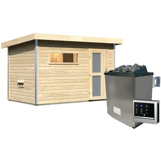Gartensauna Pultdach Saunahaus Skrollan 1 mit Vorraum-9 kW Ofen inkl. Steuergerät-Milchglas-Saunatür (blickdicht) inkl. gratis Saunaofen im Wert von 599,99 € - 50% Rabatt auf Dacheindeckung
