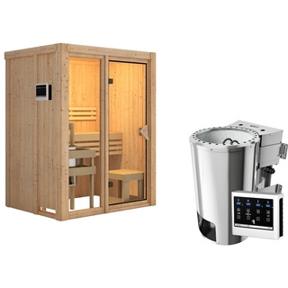 Karibu Sauna Avari 1 Superior mit Fronteinstieg 68 mm - 230 Volt Plug & Play Ohne Dachkranz 3,6 kW Plug&Play Bio-Kombiofen inkl. Steuergerät Easy inkl. 8-teiligem gratis Zubehörpaket (Gesamtwert 191,92€)