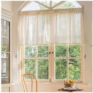 Sunicol Scheibengardine Halbtransparent Bistrogardine, Vintage Quasten Boho Küche Vorhänge, (2 St), Gaze Schals Fensterschal für Küche Wohnzimmer Landhaus 71 cm x 91 cm