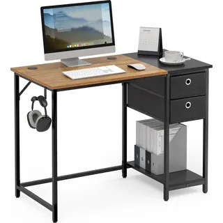 Mondeer Schreibtisch Computertisch mit Schubladen und Regal links oder rechts 100x75x50cm Retro-Braun und Schwarz