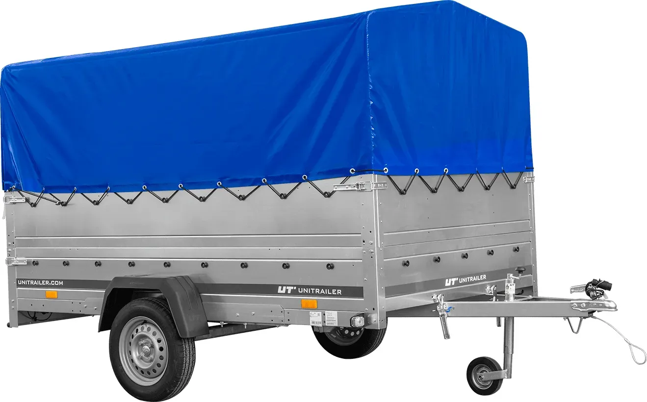 Einachsiger Anhänger auf Blattfedern 264x150 UNITRAILER GARDEN 265/R KIPP mit BIS-Seitenwänden, H-800-Rahmen und blauer Plane