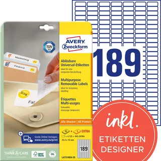 AVERY Zweckform L4731REV-25 Universal-Etiketten (4.725 plus 945 Klebeetiketten extra, 25,4x10mm auf A4, wieder rückstandsfrei ablösbar/abziehbar, bedruckbar, selbstklebende Aufkleber) 30 Blatt, weiß