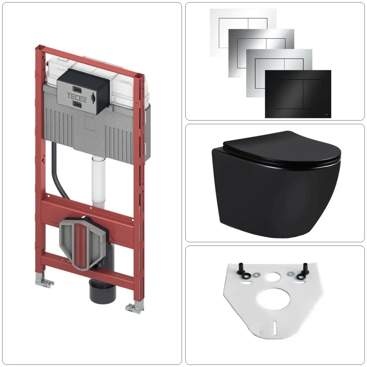 Wand WC spülrandlos mit SoftClose TakeOff WC-Sitz schwarz matt und TECE Vorwandgestell + Betätigungsplatte, verschiedene Farben