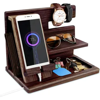 Robomanor Geschenke für Männer Weihnachten Holz Telefon Dockingstation Uhren Geldbörsen Nachttisch Organizer Geburtstag Geschenk Papa, Geburtstagsgeschenke für Männer oder Vater Schreibtisch Organizer Holz