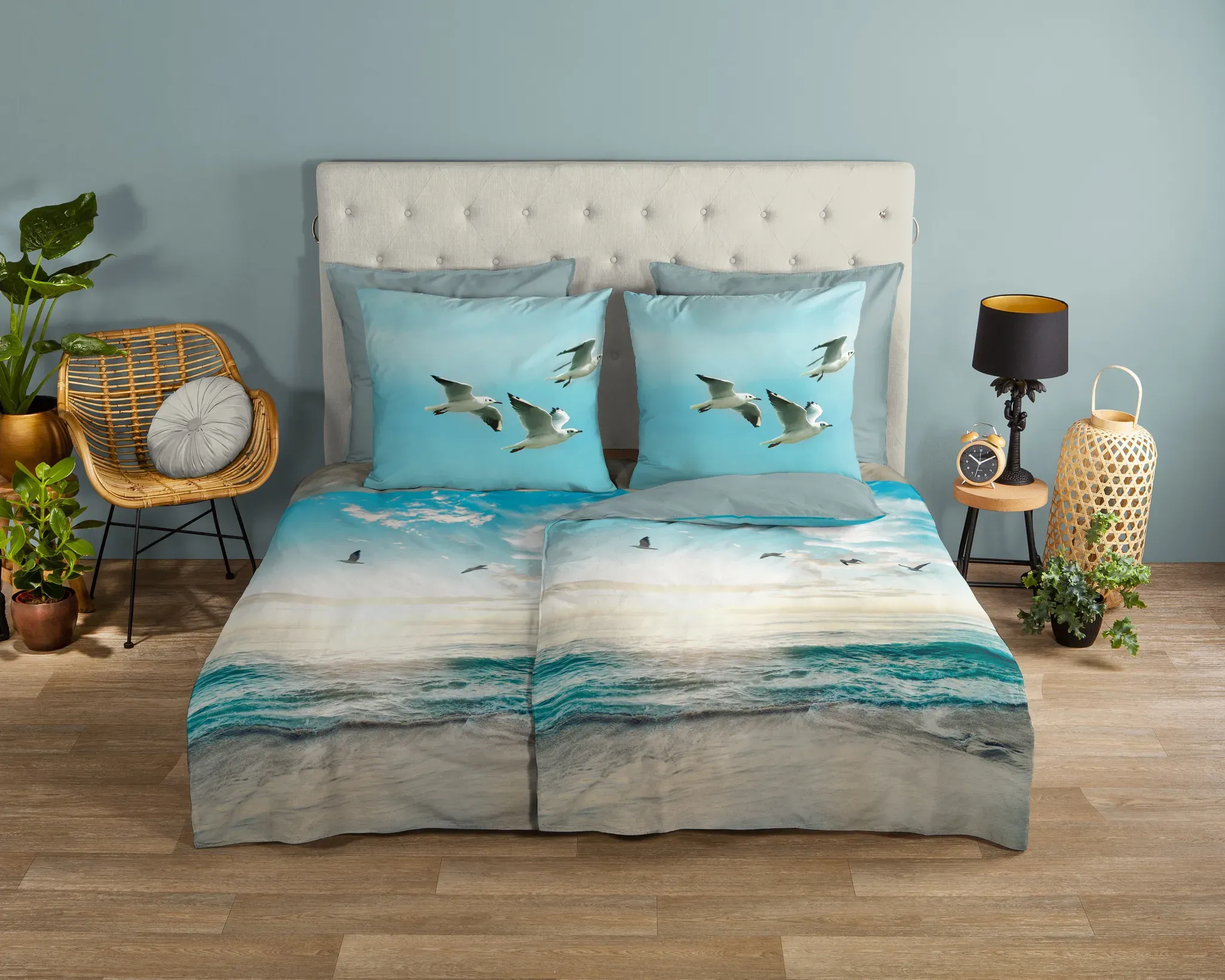 Wendebettwäsche GOOD MORNING "Brisa", blau (aqua), B/L: 155cm x 220cm, 1 Stk., 1 Stk., Renforcé, B/L: 80cm x 80cm, 2 Stk., Renforcé, Obermaterial: 100% Baumwolle, Bettwäsche, Wendebettwäsche, 100% Baumwolle, Renforcé, Reißverschluss, Wendeoptik, Strand, Aqua