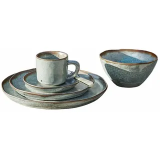 Loberon Geschirr 30er Set Biarré, große und kleine Teller, Tassen, Unterteller, Schüsseln aus Steingut, H/Ø ca. 2.5/26.5 cm, türkis/braun
