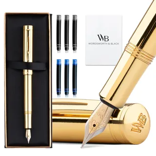 Wordsworth and Black Fountain Pen Mini EDC Goldener Taschenstift, Gold, Mittlere Feder, 6 Tintenpatronen, Tinten-Konverter, Nachfüllbares Stift-Geschenkset, Männer & Frauen