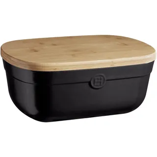 Emile Henry Brotkasten aus Keramik + Holzdeckel, 35,6 cm, schwarzer Trüffel