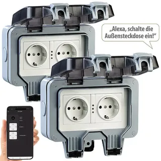 Luminea Home Control Outdoor-WLAN-Aufputz-Doppelsteckdose, Sprachbefehl, Strommessung, App
