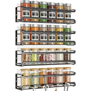 trayindaly Gewürzregal Wand, 4er Metall Gewürz Organizer, Selbstklebend Spice Rack, Gewürzregal Ohne Bohren, Gewürzständer Schwarz, Gewürzregal Hängend für Küchenablage Schranktür
