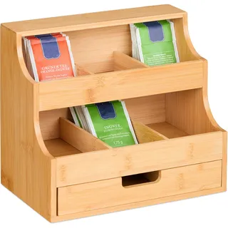 Relaxdays Tee Organizer, 9 Fächer, aus Bambus, HxBxT: 24 x 27 x 17 cm, Mit Schublade, Teeregal vertikal, natur