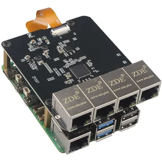 ZDE ZP597 PCIe to 4 Ports 1G Gigabit 1000M Ethernet Network HAT Adapter Expansion Board 1GB 1GBE for Raspberry Pi 5