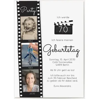 70. Geburtstag Einladungskarten Weiß online gestalten und bestellen - Filmstreifen | Wunderkarten.de