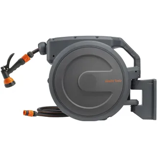 Giraffe Tools Wandmontierte Schlauchbox 35m + 2m, Automatischer Gartenschlauch-Aufroller 180° Schwenkbar mit 7 Musterdüsen und Anschlussschlauch