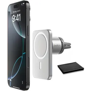 Belkin MagSafe Auto Vent Mount Pro, Magnetische Handyhalterung für iPhone 16/15/14/13/12, Sicherer Halt, Hochformat & Querformat, Kabelmanagement, Lüftungsschlitz-Clip, Magsafe kompatibel, Silber