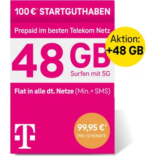 Deutsche Telekom MagentaMobil Prepaid 5G Jahrestarif SIM-Karte I 48 GB Datenvolumen(4 GB/Monat) & Flat(Min, SMS) in alle dt.Netze+EU-Roaming I Surfen mit 5G/LTE Max&Hotspot FlatI 100 EUR Startguthaben