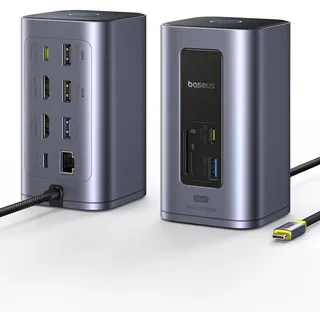 Baseus Docking Station USB-C, Nomos Air 12 in 1, Dockingstation 2 monitore, 2 * 4K HDMI, 10Gbps USB-C/A, 100W PD, Gigabit-Ethernet, Kompatibel für Laptop Dell/HP/Lenovo/Asus/Acer/Mac