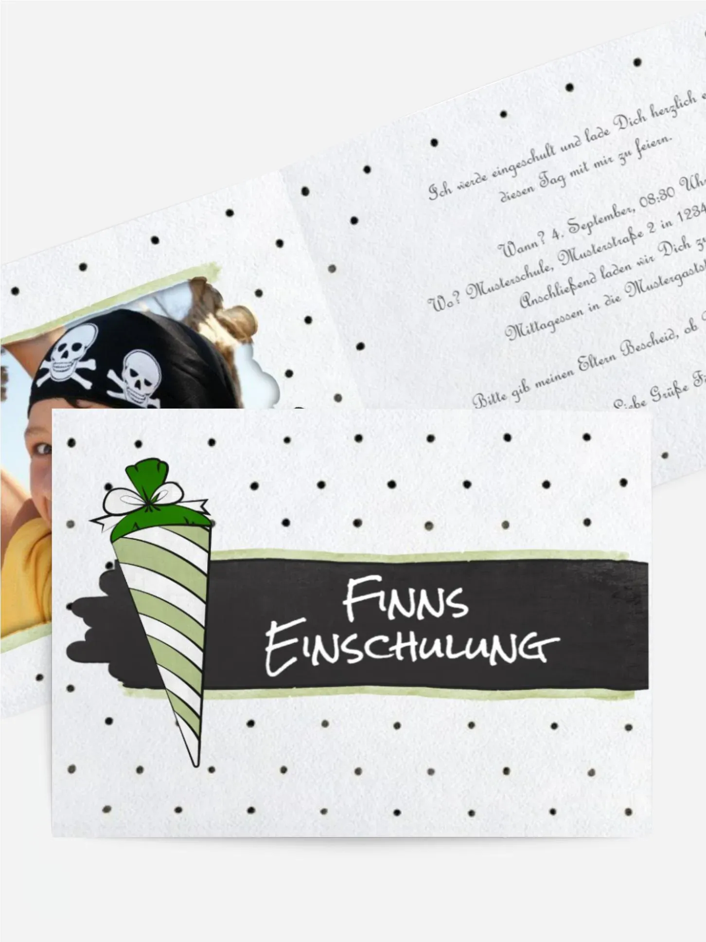 Einladung Schulanfang selbst gestalten mit Spruch und Fotos im Onlinedesigner bei Meine-Kartenmanufaktur.de