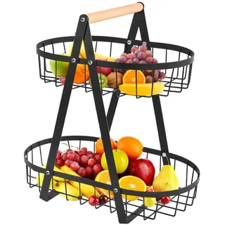 THATSRAD 2 Stöckig Obst Etagere Schwarz Obstetageren Etagere Früchte Obstkorb Bbstschale Etagere Obst und Gemüse Schüssel Abnehmbarer Obsthalter Regal mit Schraubendreher Etagere für Obst Küche Lager