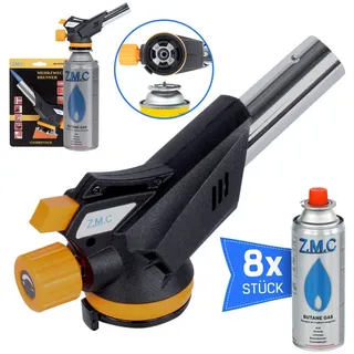ZMC Flambierbrenner Bunsenbrenner Grillanzünder Lötlampe mit 8x Gaskartuschen 227g MSF-1a, (Temperatur von bis zu 1300 ° C, Einstellbare Flamme, Piezo-Zündung, Kohleanzünder Flambierbrenner Butangasbrenner Butangas Gaskartusche), Brenneraufsatz Gasbrenner Flambiergerät Lötbrenner Gasanzünder
