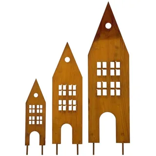 Roststecker Tannenbaum und Elch weihnachtsdeko, 4er Set Metall Rost Deko Weihnachtsbaum Gartenstecker, Herbstdeko Roststecker Weihnachtsdeko für Draußen (3er Set Haus)