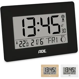 ADE Große Funkuhr digital mit XXL-Ziffern | Tischuhr mit Kalender und Wochentag | Digitale Uhr mit Temperaturanzeige | Funkwecker digital mit Batterie | schwarz