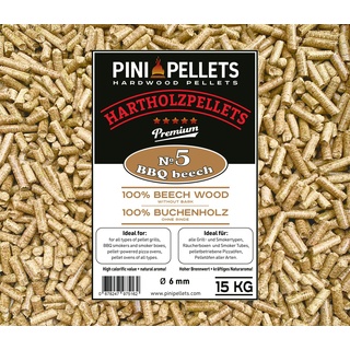 PINI Hartholz Pellets 100% Buche BBQ Beech 15 Kg Grillpellets zum Grillen Räuchern Smoken