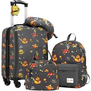 COOLIFE 5tlg Kinderkoffer mit Rucksack, Kindertrolley aus Kunststoff, Kindergepäck, Kinder Kofferset Handgepäck Reisegepäck Hartschalenkoffer für Jungen und Mädchen (Monster, Koffer-Set 5-TLG)