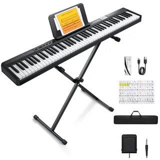 Donner Home-Keyboard Keyboard Klavier 88 Tasten Einsteiger Tragbares E-Piano DEP-1 (Set, mit Ständer, Sustain-Pedal, Transporttasche und Keyboard-Aufklebern), Einsteiger Digital Keyboard Klavier mit velocity-sensitive Tasten schwarz