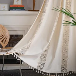 SAYT RLAE Makramee Vorhang Beige Vintage Boho Style Vorhänge Baumwolle Leinen mit Quasten und Häkeln Stricken Vertikale Streifen für Wohnzimmer Kinderzimmer Schlafzimmer, 1 Stück, B150xH220cm