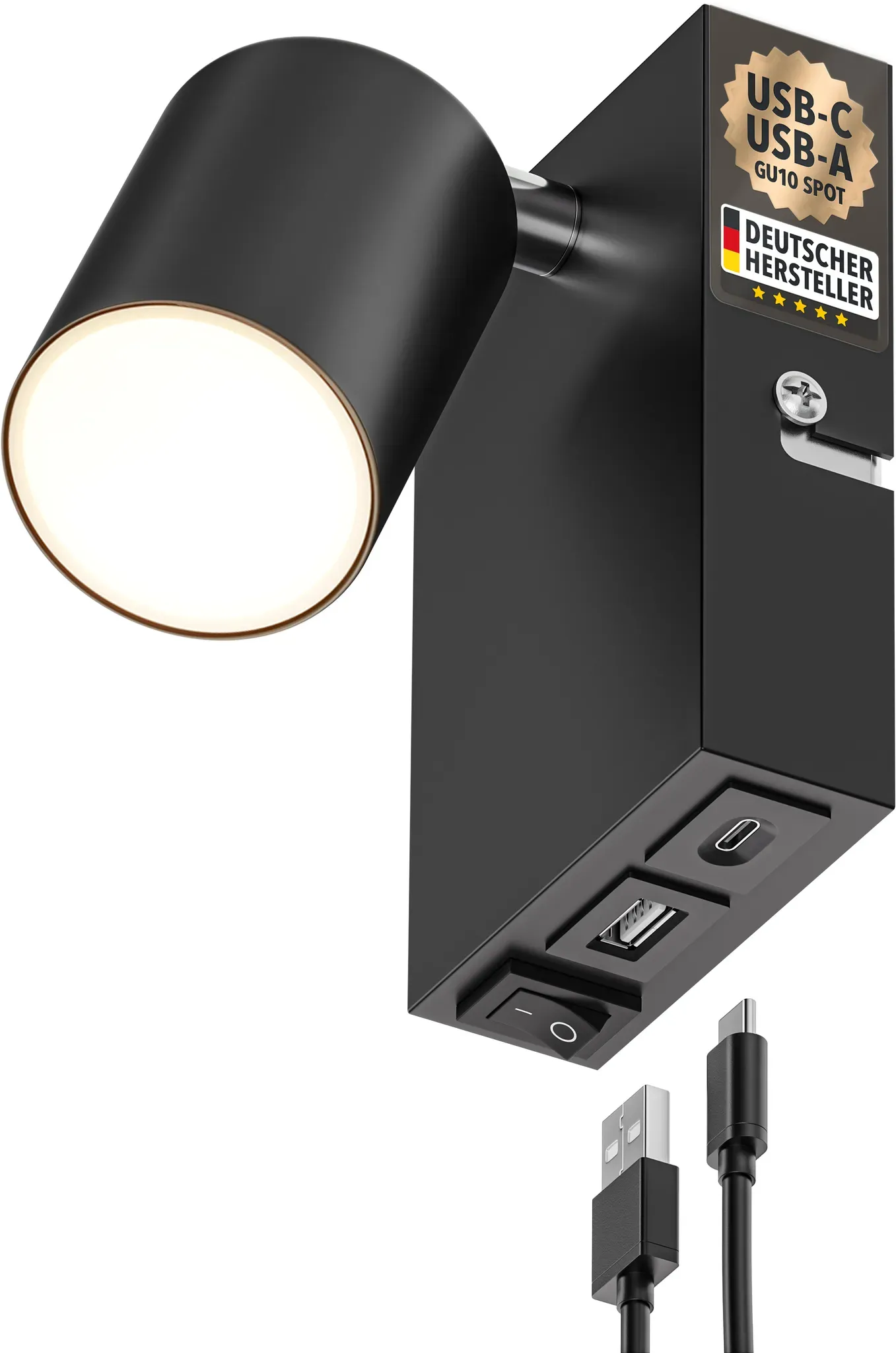 ledscom.de Wandleuchte WAIKA mit USB-C & USB-A, Nachttischlampe zur Wandmontage mit Schalter, schwarz, GU10 max. 15W