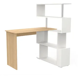 Mondeer Computertisch L-Förmig, Eckschreibtisch, mit 360 Grad Drehbarem Bücherregal für Arbeitszimmer Wohnzimmer Büro, 157 x 45 x 130,5 cm, Eiche (Tischplatte) und Weiß (Regal)