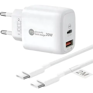 QUIKZ – Ladegerät USB C USB A + Ladekabel 2 m – Set: Ladeadapter/Netzteil Dual Port PD3.0 QC3.0 + Kabel USB-C/USB-C - Kompatibel mit iPhone 15/15Plus/15Pro – Schnellladegerät 20 W, 18 W