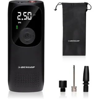 Dunlop Elektrische Luftpumpe 150PSI - Akku Kompressor mit USB-C Anschluss - Fahrradpumpe alle Ventile - Ballpumpe - Kompressor 10 Bar mit Manometer - Kunststoff - Schwarz