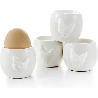 Eierbecher im 4er-Set, Hochwertige Keramik, weiß, 3D Design süße Henne/Huhn, Porzellan, Eierhalter Geschirr Küchenbesteck Dekoration Geschenk Geburtstag Ostern Weihnachten Familie Freunde Kinder