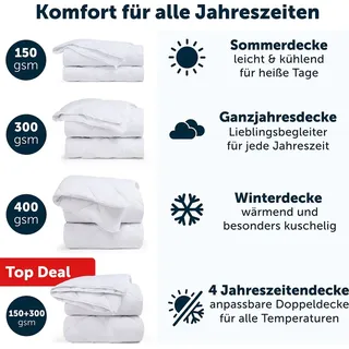 Blumtal 4 Jahreszeiten Bettdecke 155 x 220 cm im 2er Set - zusammenknöpfbare 4 Jahreszeiten Bettdecke 155x220cm/Sommerdecke - Weiß