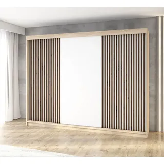 mebloland Schwebetürenschrank, 3-türig Schrank mit 4 Schubladen, und 3D-Lamellen. Verschiedene Farben (Weiß, Schwarz, Somona) Kleiderschrank IOSA 200 cm