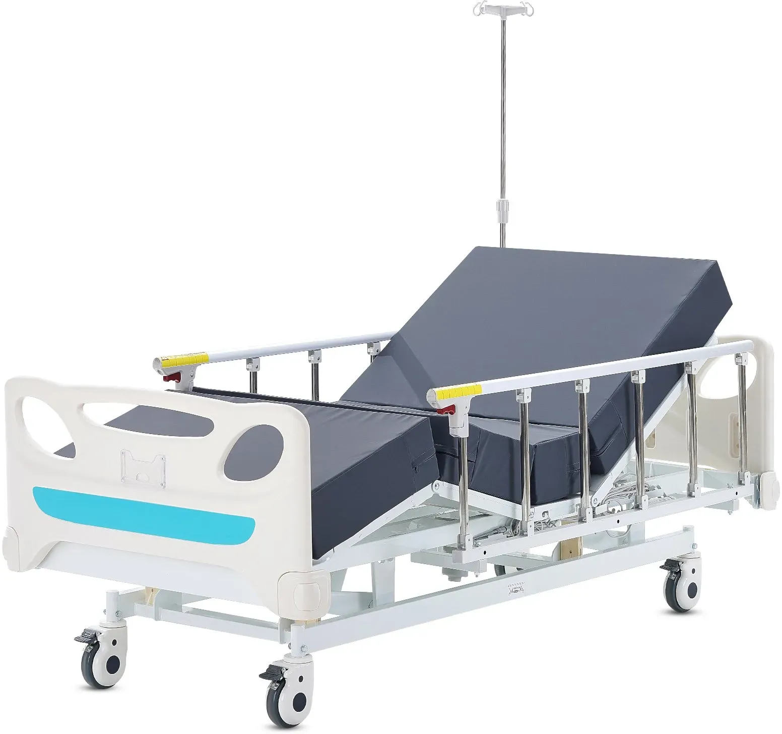 VEVOR Premium vollelektrisches Krankenhausbett mit 3 Funktionen, elektrisches medizinisches Intensivbett mit Matratze und Infusionsständer, Handsteuerung und 5-Zoll-Feststellrollen für den Einsatz im Heimkrankenhaus, 200 kg Tragkraft