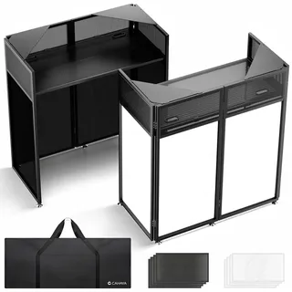 CAHAYA DJ Booth Ständer Tragbarer – Faltbarer DJ-Tisch mit Doppelte Obere Ecken, Schwarzen & Weißen Lichtbespannungen, Kabeldurchführungen und Tragetasche, 102×51cm – Ideal für Hochzeit & Bühne
